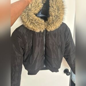 Black Puffer Jacket with Faux Fur Trim Hood